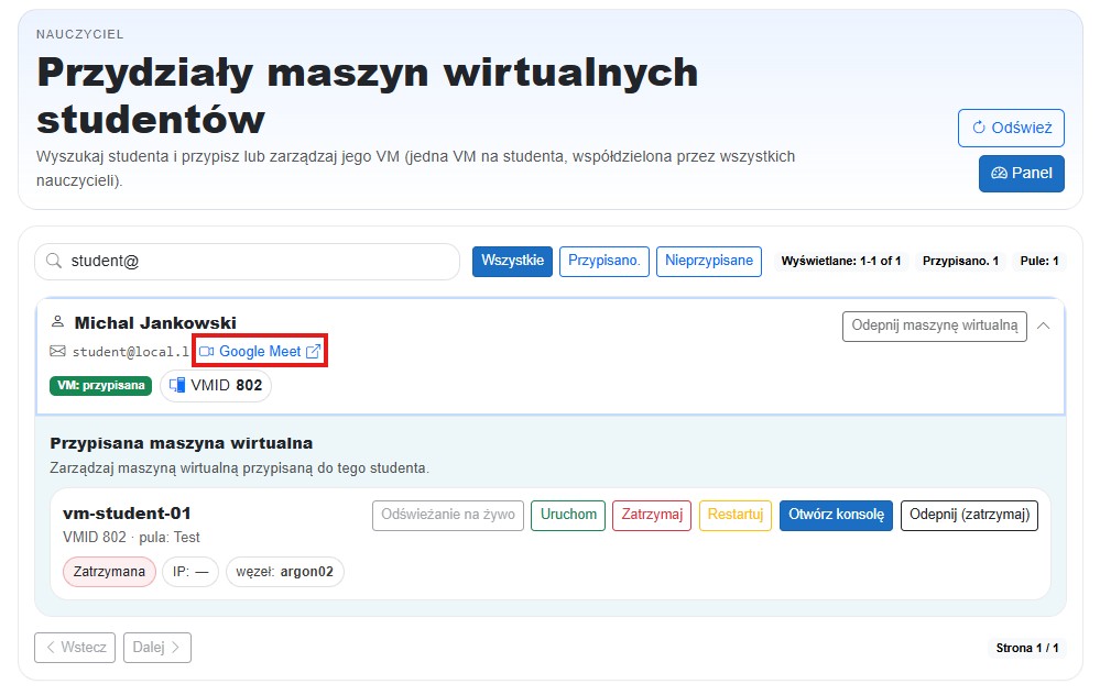 Panel nauczyciela - widok pul