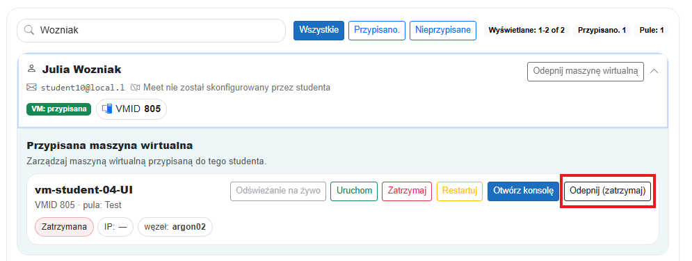 Panel nauczyciela - widok pul
