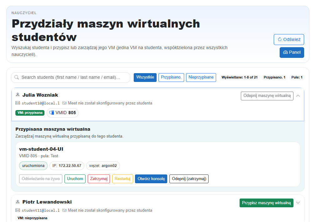 Panel nauczyciela - widok pul