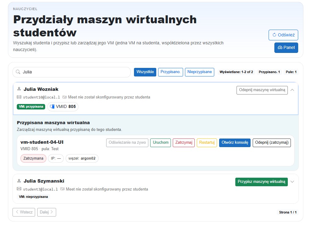Panel nauczyciela - widok pul